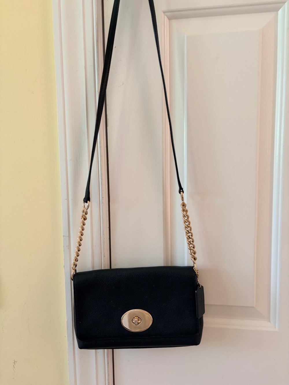 Coach Black Leather Crossbody with Gold Chain Hardware